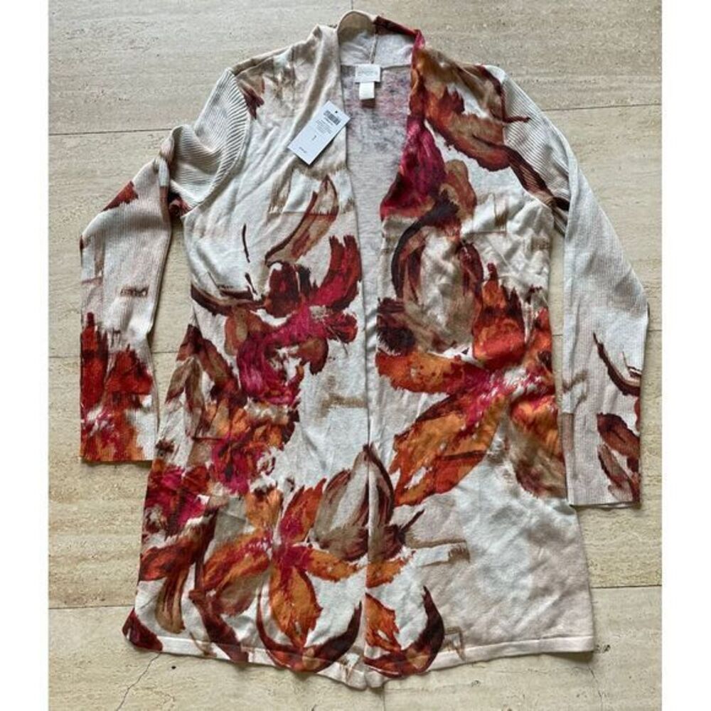 Chico's Floral Watercolor Open Front Cardigan Sweater Fall Colors NWT size 1